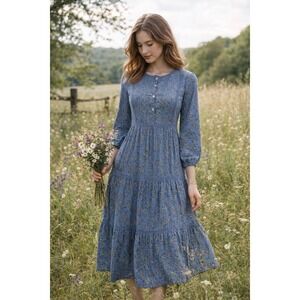 Max Studio Floral Midi Dress Blue Boho Tiered Button Front Long Sleeve XS